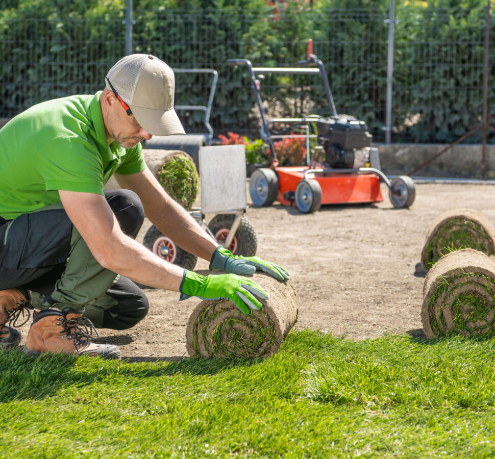 Caucasian landscaping worker is laying turf grass on a lawn.