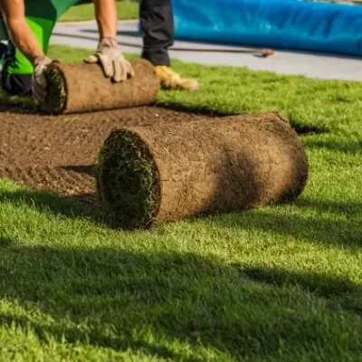 Układanie trawy z rolki zakładanie trawnika Pracownik w rękawicach roboczych rozwija pas gęstej, zielonej trawy z rolki na przygotowanym podłożu z ziemi. Na pierwszym planie leży kolejna zwinięta rolka świeżej darni, gotowa do rozłożenia podczas zakładania nowego trawnika.