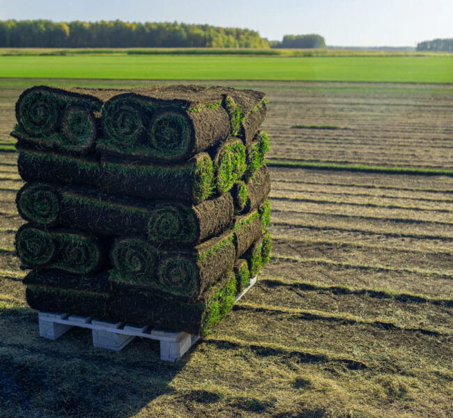 A stack of vibrant green turf rolls, freshly prepared, is now ready for various landscaping projects in the countryside